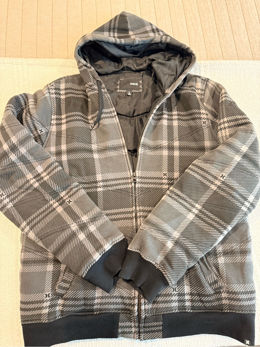 Hurley Gray Plaid Hooded Zip-Up Sweater